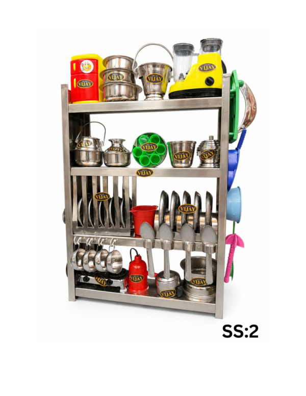 Miniature Stainless Steel Kids Kitchen Set with Rack – Mini Fridge, Mixer & Utensils Toy | Vijay H Stores Miniature stainless steel kids kitchen rack toy set with mini fridge mixer pots plates and utensils SS2 by Vijay H Stores