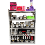 Miniature Steel Kids Kitchen Rack Toy Set SB:1 | Vijay H Stores Miniature stainless steel kids kitchen rack toy set with mini fridge microwave mixer toaster pots plates and utensils SB1 by Vijay H Stores