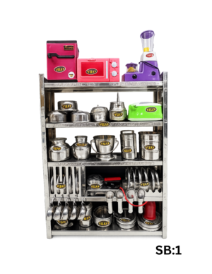 Miniature Steel Kids Kitchen Rack Toy Set SB:1 | Vijay H Stores Miniature stainless steel kids kitchen rack toy set with mini fridge microwave mixer toaster pots plates and utensils SB1 by Vijay H Stores