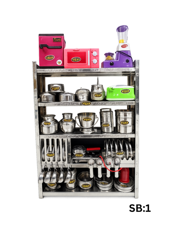 Miniature Steel Kids Kitchen Rack Toy Set SB:1 | Vijay H Stores Miniature stainless steel kids kitchen rack toy set with mini fridge microwave mixer toaster pots plates and utensils SB1 by Vijay H Stores