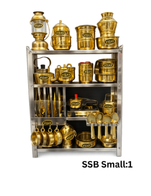 Brass miniature kids kitchen set with mini brass pots plates pressure cooker stove spoons and rack SSB Small 1 by Vijay H Stores