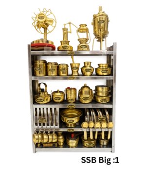 Brass miniature kitchen set with rack mini brass pots plates pressure cooker for kids play and home decor SSB Small 1 Vijay H Stores