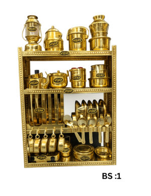Brass miniature kitchen set with decorative rack mini brass pots plates spoons lantern for kids play and home decor BS1 Vijay H Stores