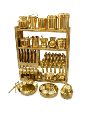 Brass miniature kitchen set with decorative rack mini brass pots plates spoons thali serving set for home decor and kids play by Vijay H Stores